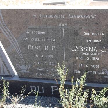 PLESSIS Gert N.P., du 1906-1980 &amp; Jassina J.E. CLOETE 1923-2000