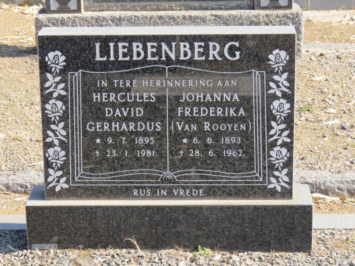 LIEBENBERG Hercules David Gerhardus 1895-1981 & Johanna Frederika VAN ROOYEN 1893-1962