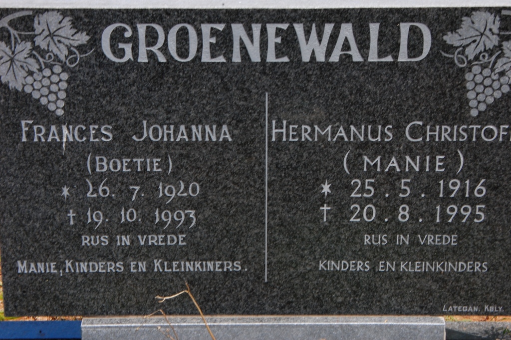 GROENEWALD Hermanus Christof 1916-1995 &amp; Frances Johanna 1920-1993