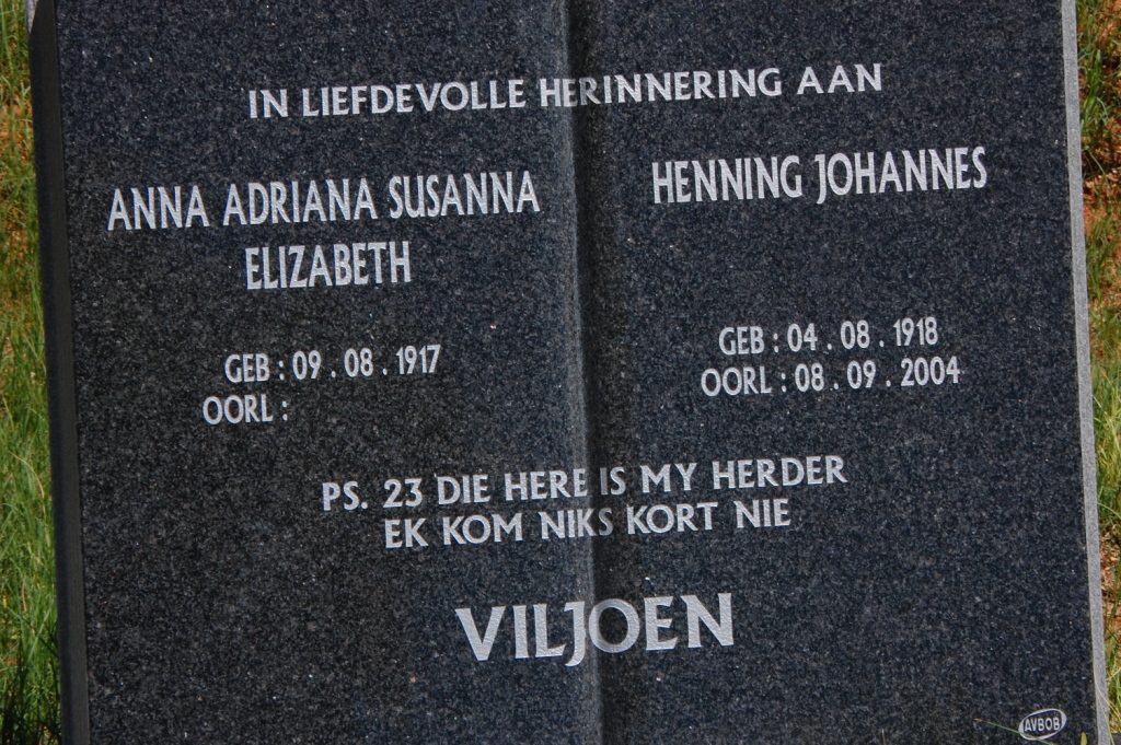 VILJOEN Henning Johannes 1918-2004 &amp; Anna Adriana Susanna Elizabeth 1917-