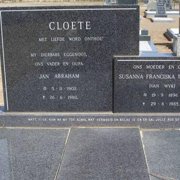 CLOETE Jan Abraham 1902-1980 &amp; Susanna Franciska Theodora VAN WYK 1896-1985