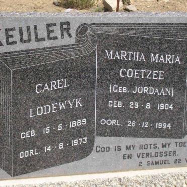 KEULER Carel Lodewyk 1889-1973 &amp; Martha Maria COETZEE nee JORDAAN 1904-1994