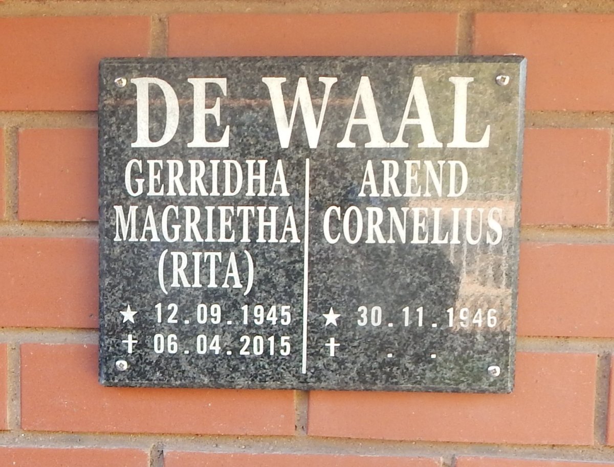 WAAL Arend Cornelius, de 1946- &amp; Gerridha Magrietha 1945-2015