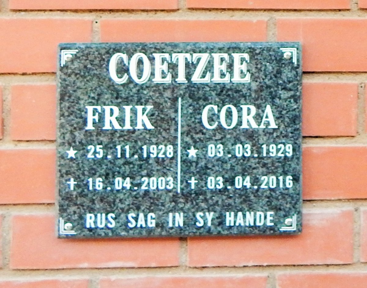 COETZEE Frik 1928-2003 &amp; Cora 1929-2016