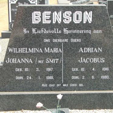 BENSON Adrian Jacobus 1916-1980 &amp; Wilhelmina Maria Johanna SMIT 1917-1981