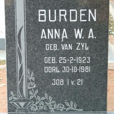 BURDEN Anna W.A. nee VAN ZYL 1923-1981