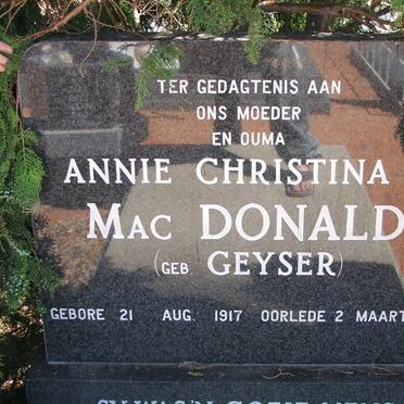 MACDONALD Annie Christina M. nee GEYSER 1917-1997
