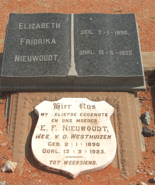 NIEWOUDT Elizabeth Fridrika nee V.D.WESTHUIZEN 1890-1925