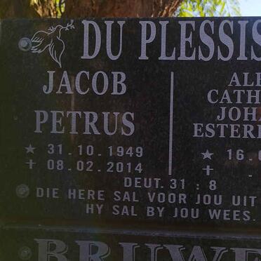 PLESSIS Jacob Petrus, du 1949-2014 & Aletta Catharina Johanna Esterhuysen 1954-