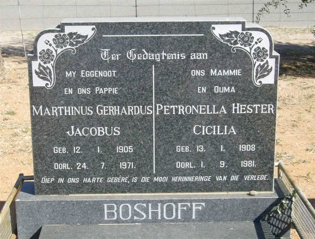 BOSHOFF Marthinus Gerhardus Jacobus 1905-1971 &amp; Petronella Hester Cicilia 1908-1981