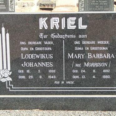 KRIEL Lodewikus Johannes 1888-1949 &amp; Mary Barbara MORRISSON 1892-1980 :: KRIEL L.J. 1919-1985