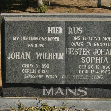 MANS Johan Wilhelm 1892-1971 &amp; Hester Johanna Sophia 1896-1982