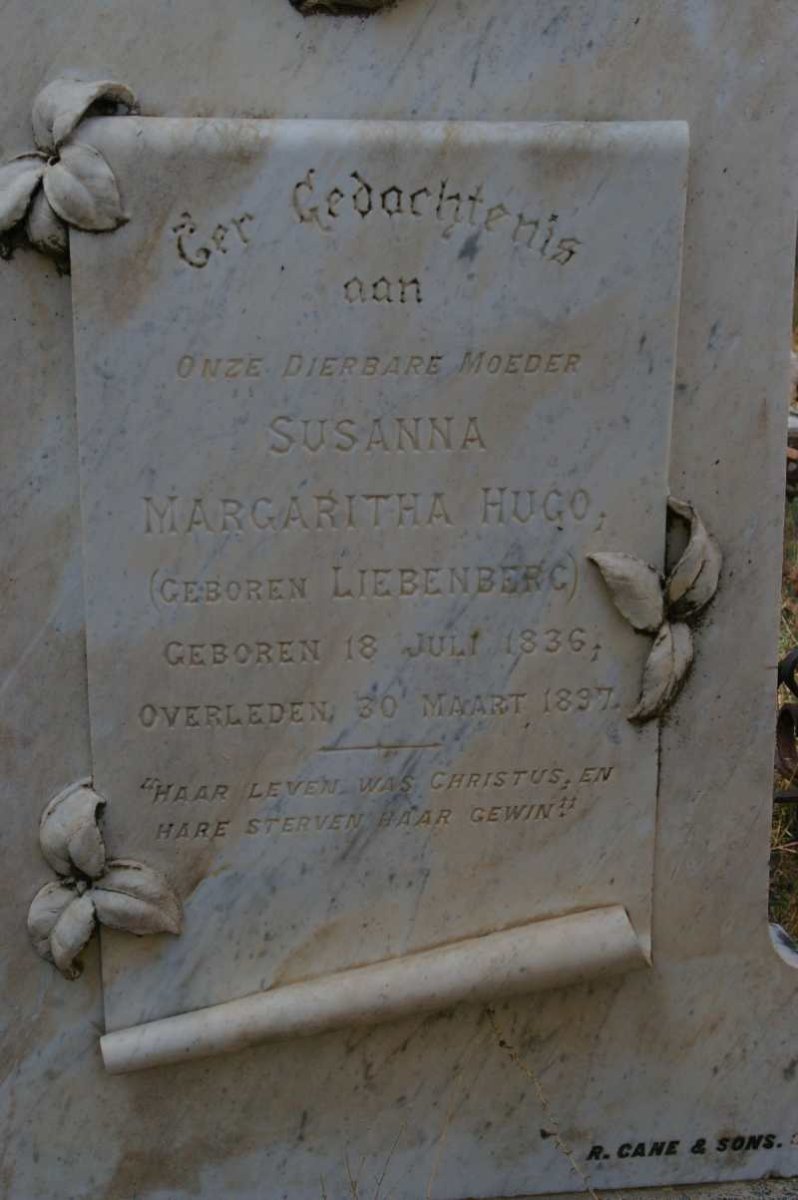 HUGO Susanna Margaritha nee LIEBENBERG 1836-1897