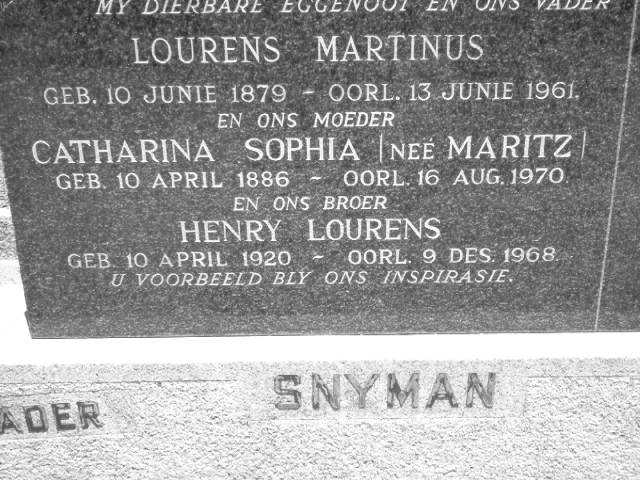 SNYMAN Lourens Martinus 1879-1961 & Catharina Sophia MARITZ 1886-1970, SNYMAN Henry Lourens 1920-1968