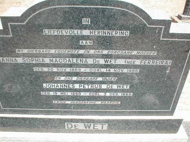 WET Johannes Petrus, de 1899-1989 & Anna Sophia Magdalena FERREIRA 1899-1955
