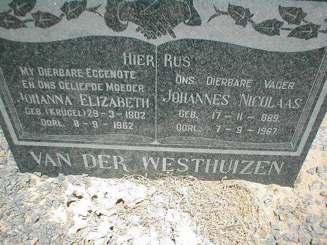 WESTHUIZEN Johannes Nicolaas, van der 1889-1967 & Johanna Elizabeth KRÜGEL 1902-1962