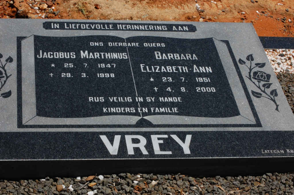 VREY Jacobus Marthinus 1947-1998 & Barbara Elizabeth-Ann 1951-2000