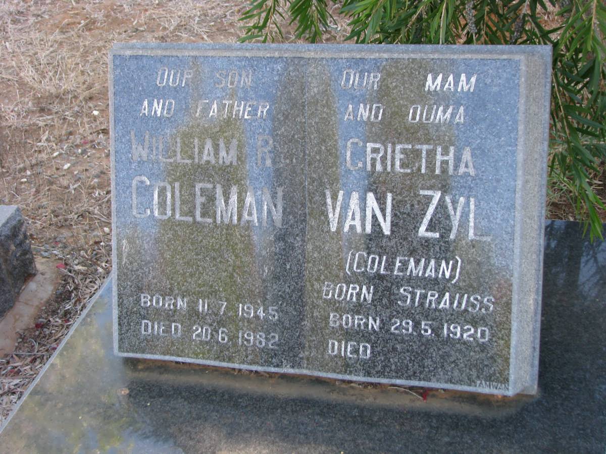 COLEMAN Wiliam R. 1945-1982 & Grietha VAN ZYL nee STRAUSS 1920-