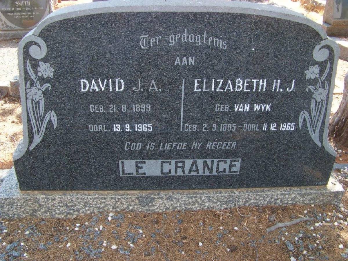 GRANGE David J.A., le 1899-1965 & Elizabeth H.J. VAN WYK 1885-1965