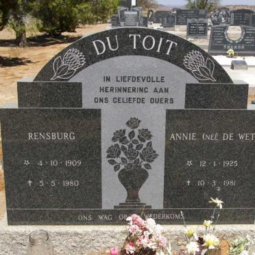 TOIT Rensburg, du 1909-1980 &amp; Annie DE WET 1925-1981