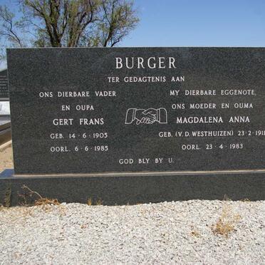 BURGER Gert Frans 1905-1985 &amp; Magdalena Anna V.D. WESTHUIZEN 1911-1983