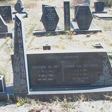 RENSBURG Christiaan de Wet, van 1920-1987 &amp; Johanna PRETORIUS 1921-19??
