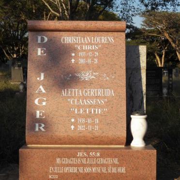 JAGER Christiaan Lourens, de 1933-2003 en Aletta Gertruida CLAASSENS 1935-2022
