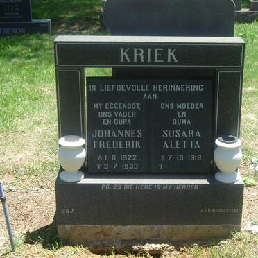 KRIEK Johannes Frederik 1922-1993 &amp; Susara Aletta 1919