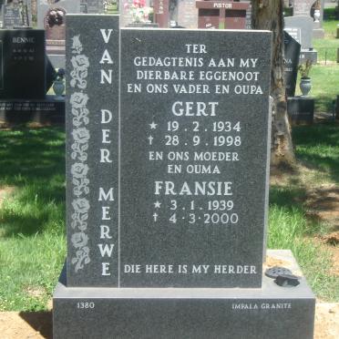 MERWE Gert, van der 1934-1998 &amp; Fransie 1939-2000