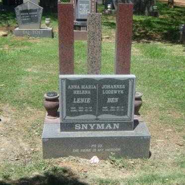 SNYMAN Johannes Lodewyk 1921-2004 &amp; Anna Maria Helena 1925-1990