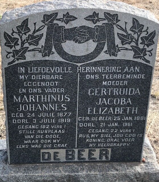 BEER Marthinus Johannes, de 1877-1919 &amp; Gertruida Jacoba Elizabeth DE BEER 1881-1961