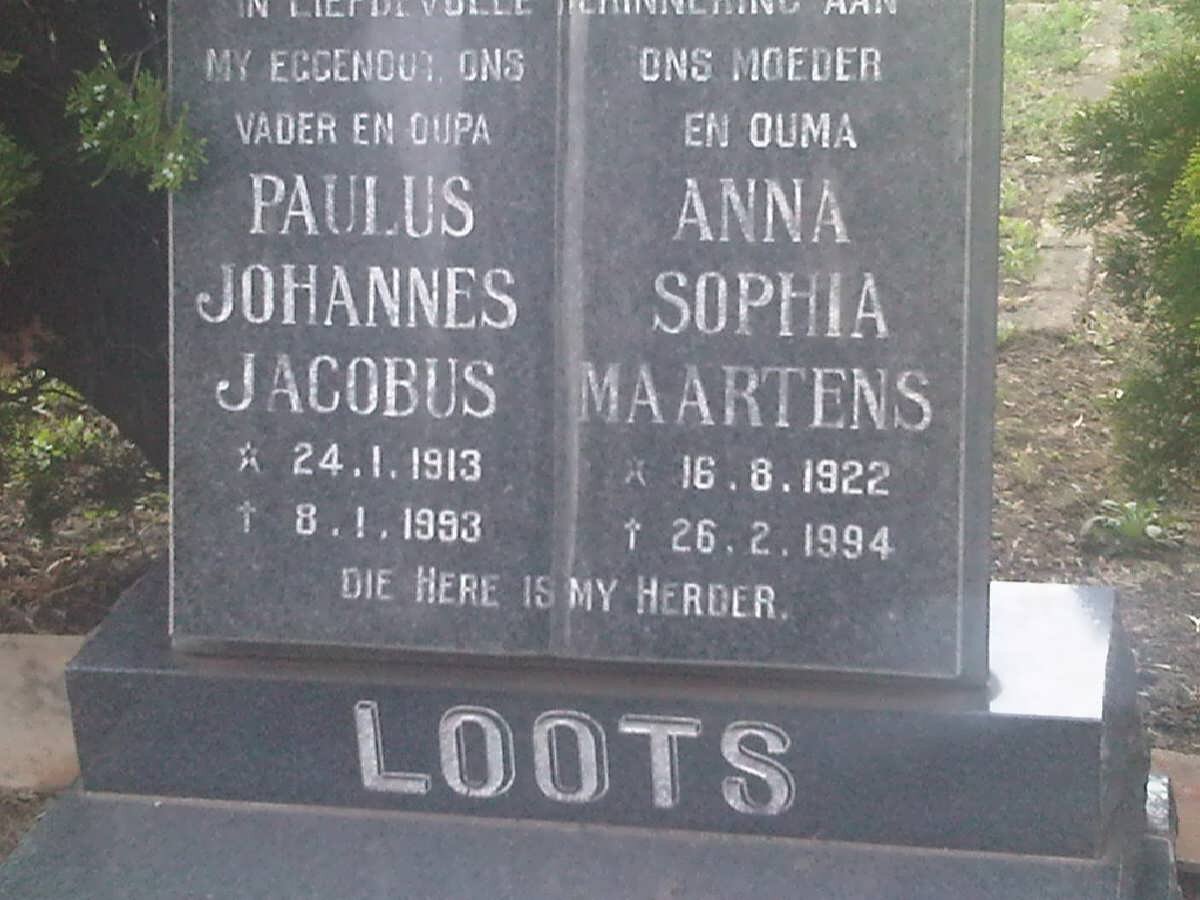 LOOTS Paulus Johannes Jacobus 1913-1993 &amp; Anna Sophia Maartens 1922-1994