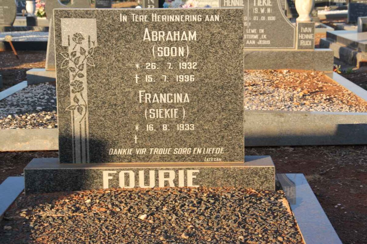 FOURIE Abraham 1932-1996 &amp; Francina 1933-