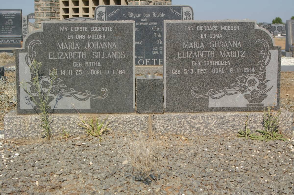 MARITZ Maria Susanna Elizabeth nee OOSTHUIZEN 1893-1984 :: SILLANDS Maria Johanna Elizabeth nee BOTHA 1925-1964 