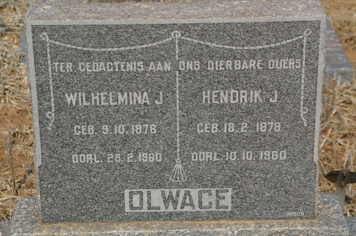 OLWAGE Hendrik J. 1878-1960 &amp; Wilhelmina J. 1878-1960