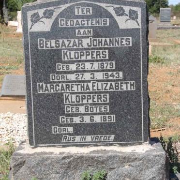 KLOPPERS Belsazar Johannes 1879-1943 &amp; Margaretha Elizabeth BOTES 1891-