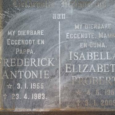ZIJL Frederick Antonie, van 1955-1983 &amp; Isabella Elizabeth Probert 1956-2009