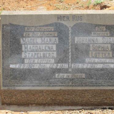 LOTTER Johanna Susanna Sophia nee GROBLER 1867-1950 :: STAPELBERG Magel Maria Magdalena nee LOTTER 1904-1951