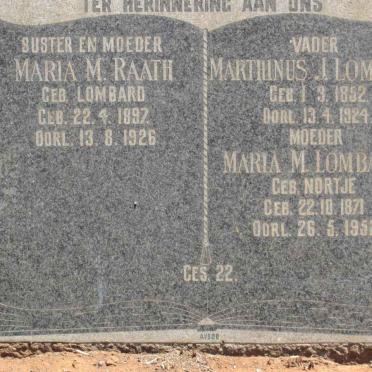 LOMBARD Marthinus J. 1852-1924 &amp; Maria M. NORTJE 1871-1952 :: RAATH Maria M. nee LOMBARD 1897-1926