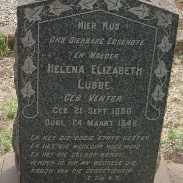 LUBBE Helena Elizabeth nee VENTER 1880-1946