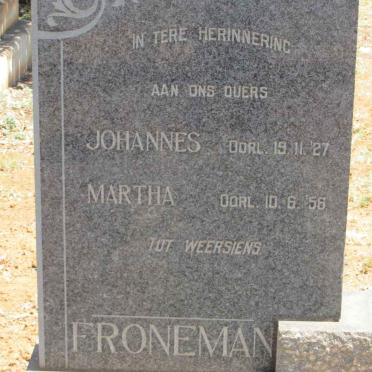 FRONEMAN Johannes -1927 &amp; Martha -1956