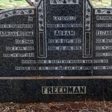 FREEDMAN Abram 1897-1976 &amp; Adriana Rosina nee SWAN 1860-1945 :: FREEDMAN Elizabeth Helena nee RUTHVEN 1904-1948