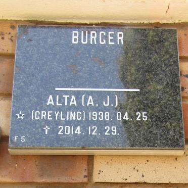 BURGER A.J. nee GREYLING 1938-2014