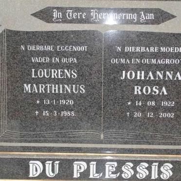 PLESSIS Lourens Marthinus, du  1920-1988 &amp; Johanna Rosa 1922-2002
