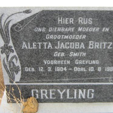 BRITZ Aletta Jacoba voorheen GREYLING nee SMITH 1904-1985
