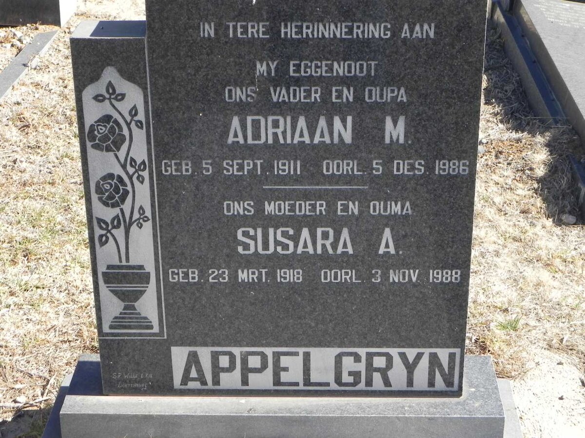 APPELGRYN Adriaan M. 1911-1986 &amp; Susara A. 1918-1988