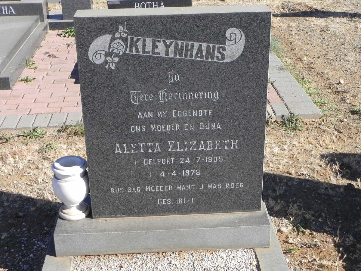 KLEYNHANS Aletta Elizabeth nee DELPORT 1905-1978