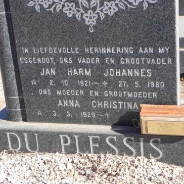 PLESSIS Jan Harm Johannes, du 1921-1980 &amp; Anna Christina 1929-