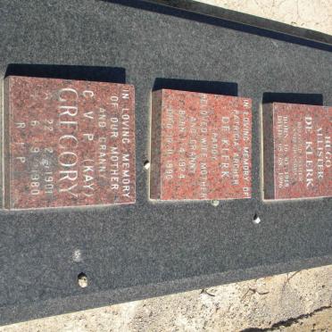 GREGORY C.V.P. 1901-1980 :: KLERK Hugo Allister, de 1918-1996 &amp; Patricia Archer 1924-1990