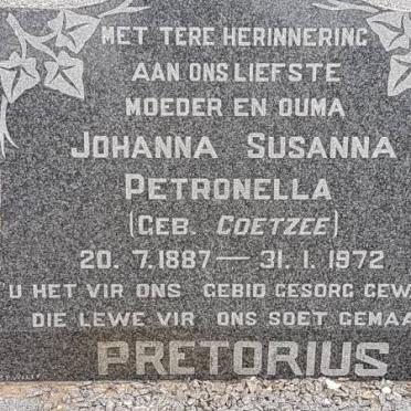 PRETORIUS Johanna Susanna Petronella nee COETZEE 1887-1972